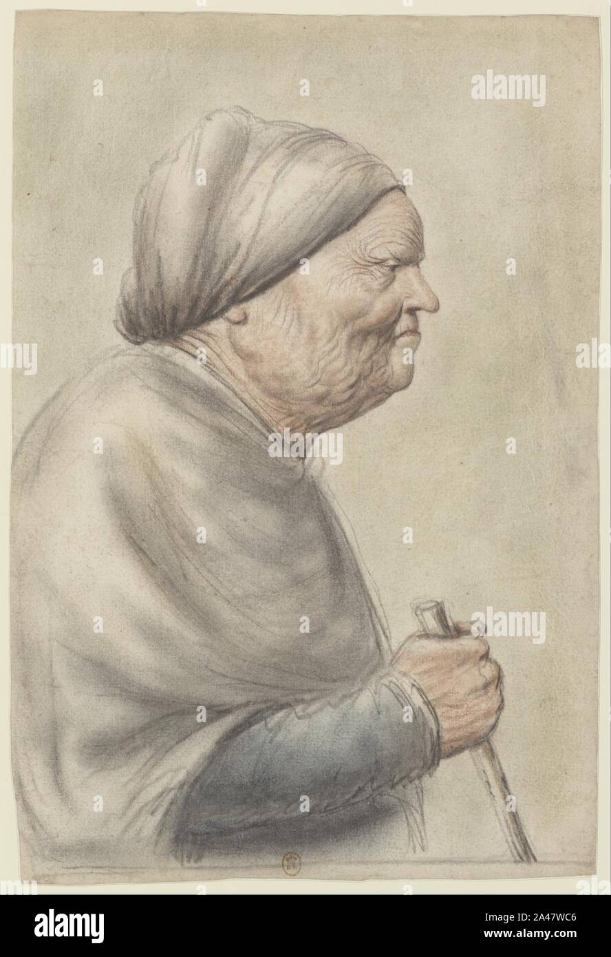 Femme âgée, portant une coiffe blanche, inquilino une canne dans la main droite, vue de profil à droite (Nicolas Lagneau). Foto Stock
