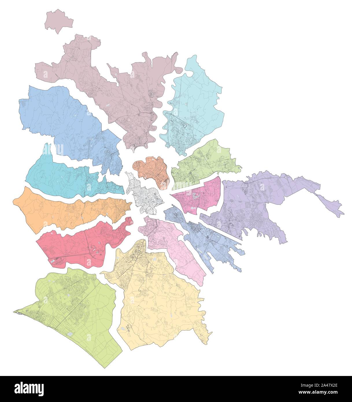 Mappa Satellitare di Roma diviso in zone e comuni. Strade della capitale. Lazio. Italia Illustrazione Vettoriale