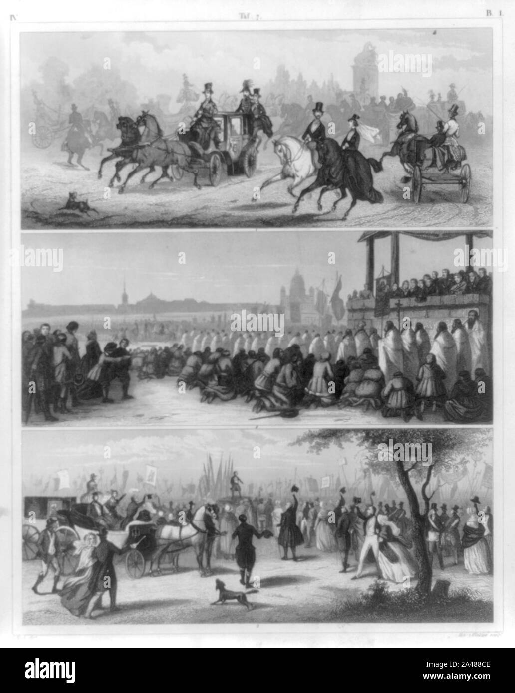 Fig. 1 Grand promenade di Elysian Fields, Parigi; fig. 2 Festival (religiosi) a San Pietroburgo; fig. 3 incontro pubblico in Inghilterra Foto Stock