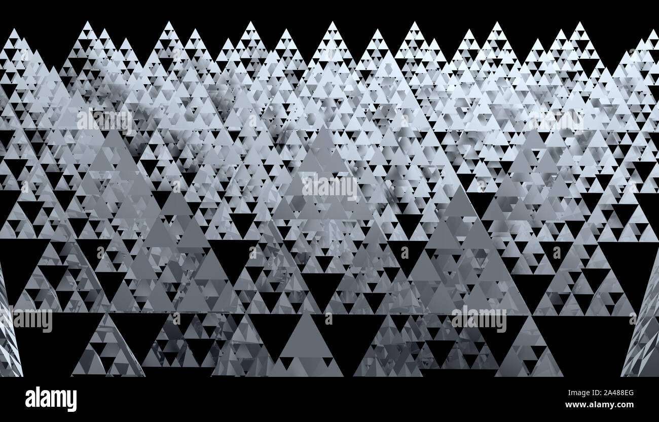 Grigio Sierpinski Triangle texture su sfondo nero. Si tratta di un frattale con la forma complessiva di un triangolo equilatero e suddivisi in modo ricorsivo in s Foto Stock