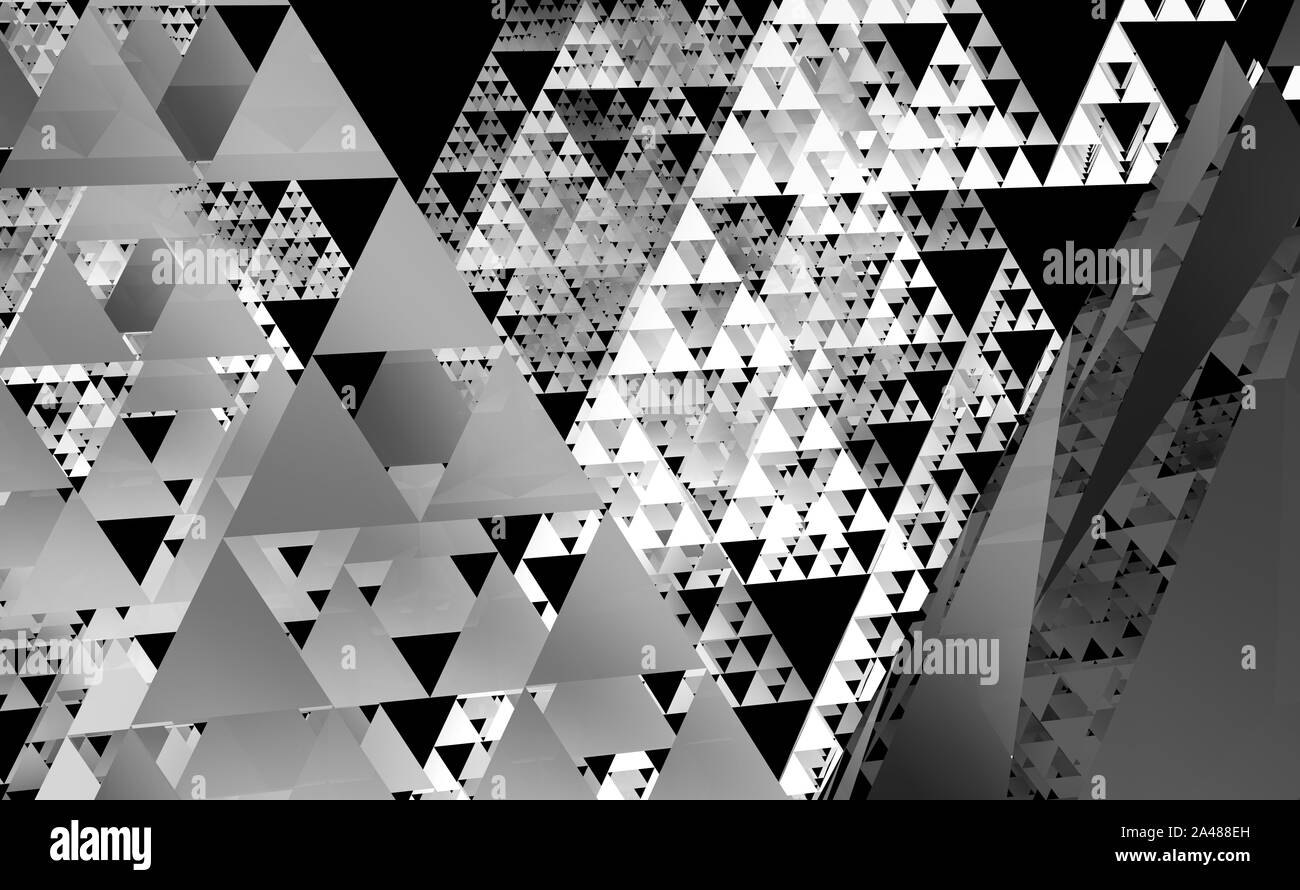 Grigio Sierpinski Triangle texture su sfondo nero. Si tratta di un frattale con la forma complessiva di un triangolo equilatero e suddivisi in modo ricorsivo in s Foto Stock