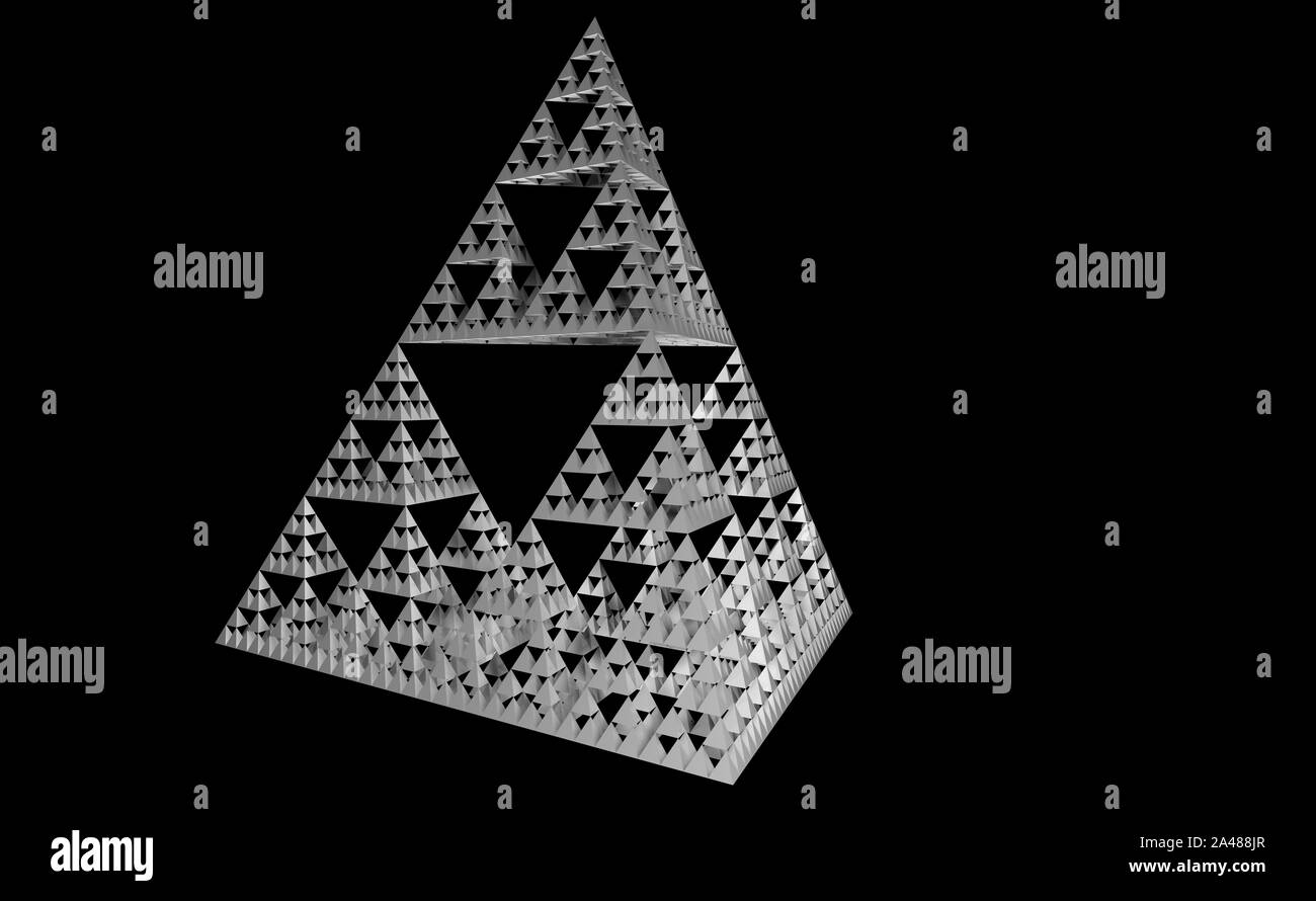 Grigio Sierpinski Triangle su sfondo nero. Si tratta di un frattale con la forma complessiva di un triangolo equilatero e suddivisi in modo ricorsivo in piccole e Foto Stock