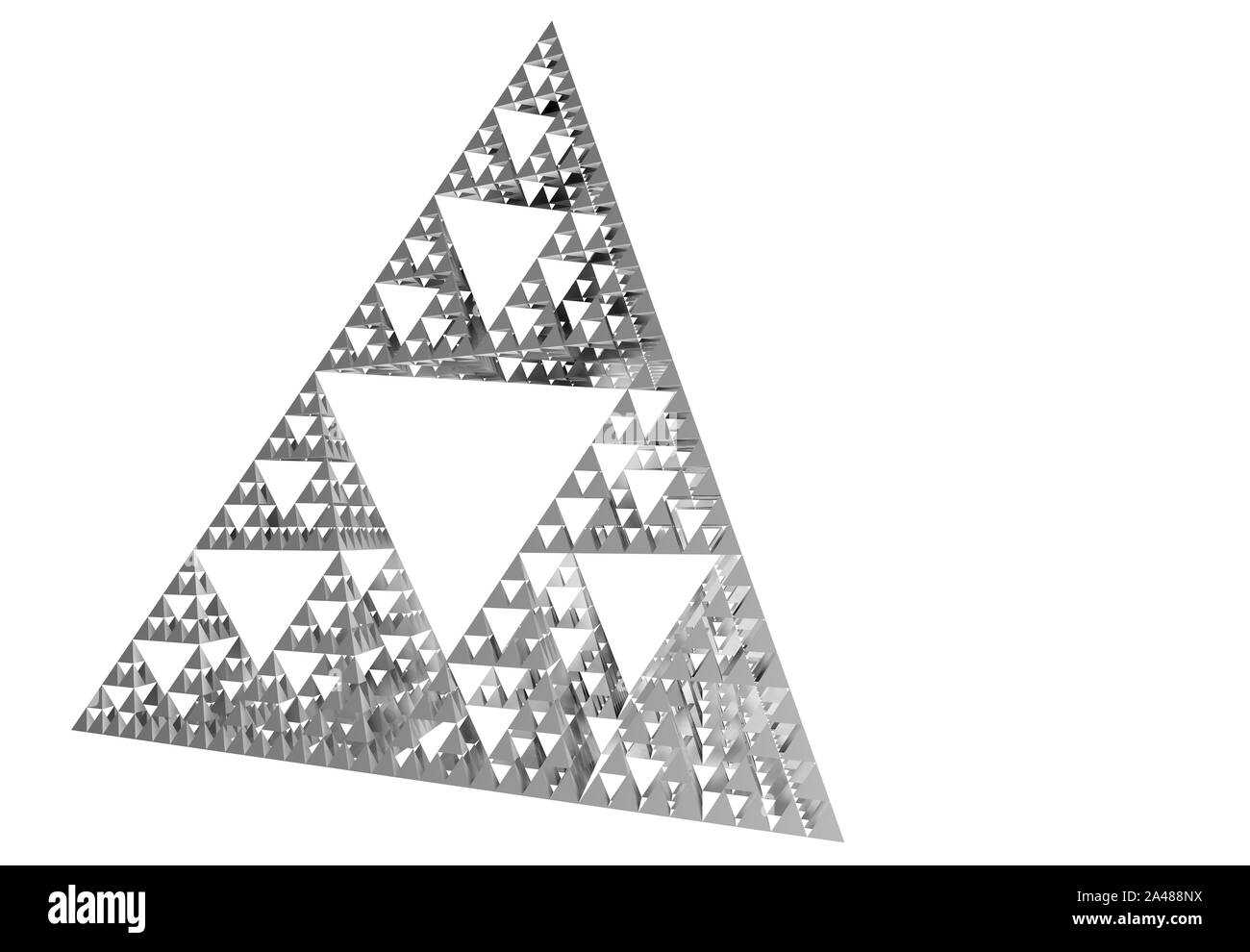 Grigio Sierpinski Triangle su sfondo bianco. Si tratta di un frattale con la forma complessiva di un triangolo equilatero e suddivisi in modo ricorsivo in piccole e Foto Stock