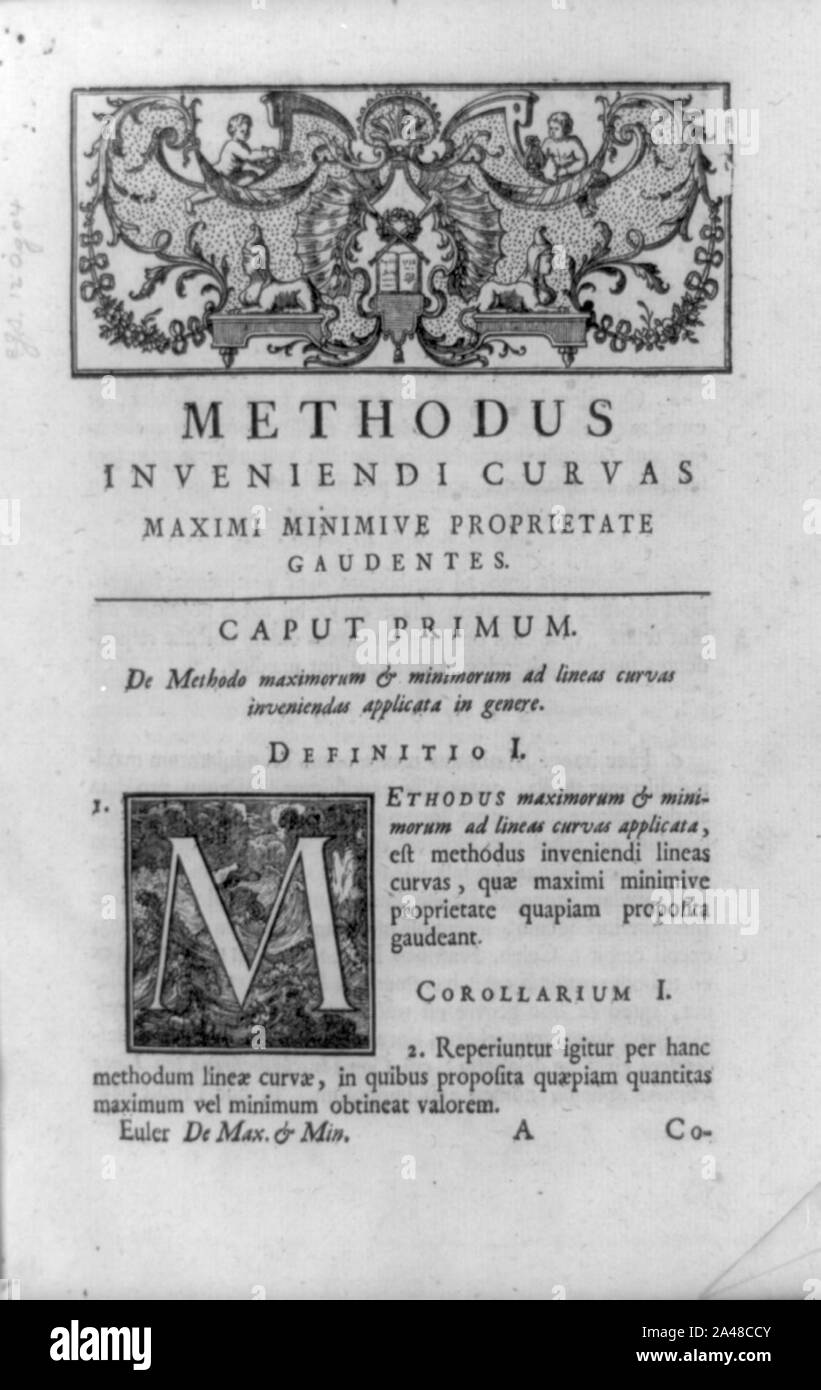 Il primo capitolo di apertura Methodus inveniendi ...; con capocchia di sfingi, putti, e libro aperto attraversato con trombe e decorate M iniziale mostra mare tempestoso Foto Stock