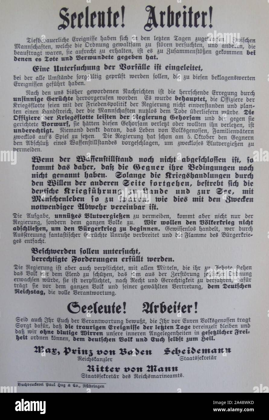 Flugblatt seeleute-arbeiter nov-1918. Foto Stock