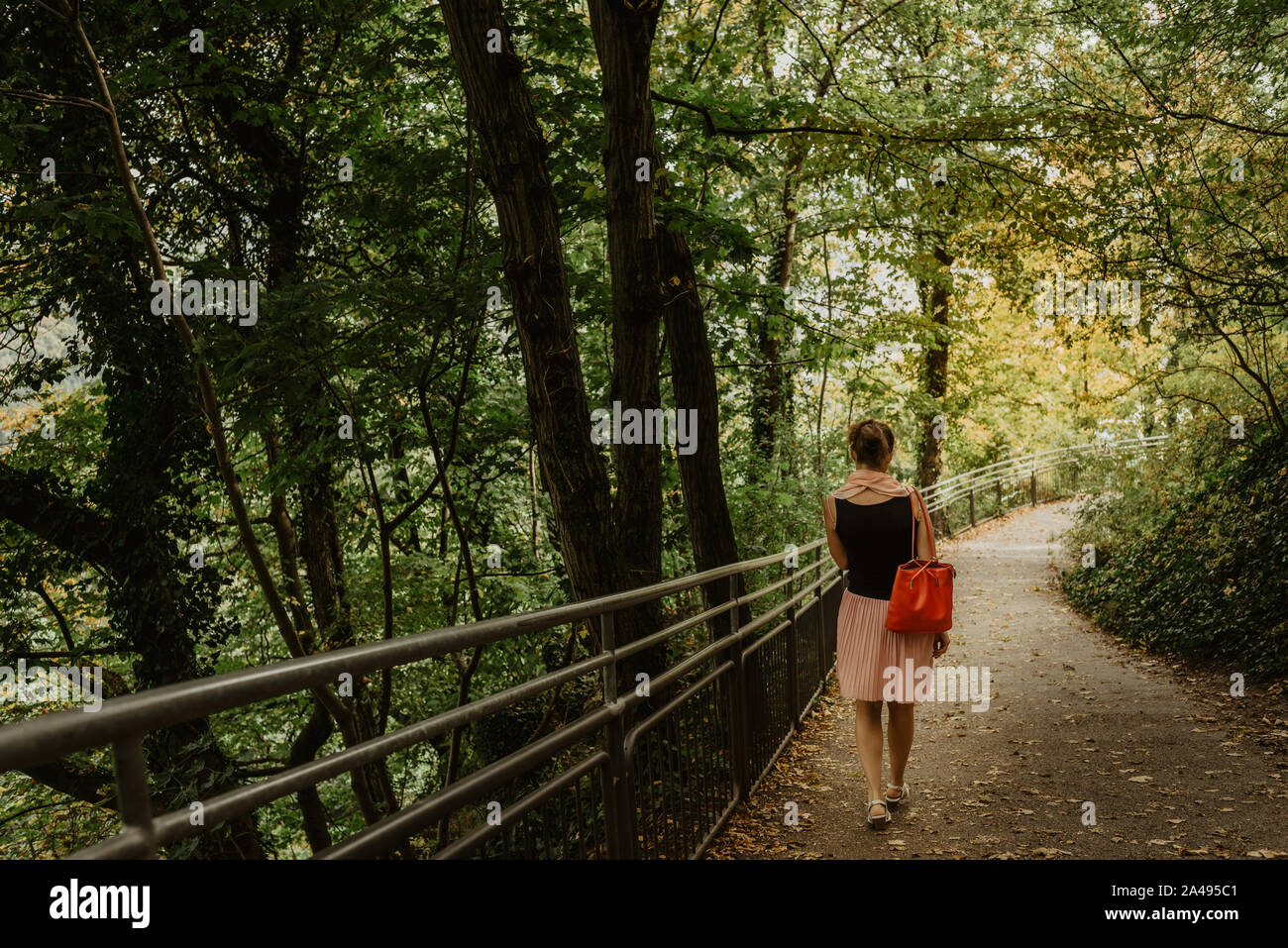 Una ragazza camminare su un percorso con foglie cadute su una soleggiata giornata di caduta in un parco, lifestyle immagine, effetto della pellicola Foto Stock
