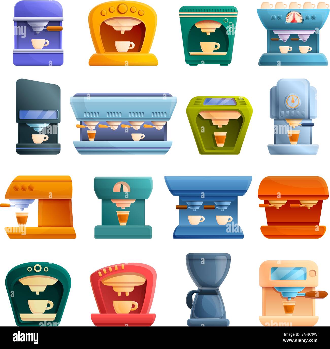Macchina da caffè set di icone. Serie di cartoni animati di macchina per caffè icone vettoriali per il web design Illustrazione Vettoriale