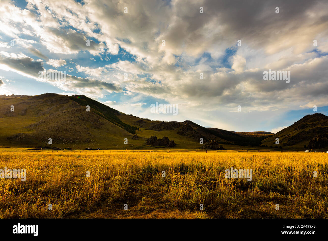 Il sole tramonta in Mongolia , fotografia del paesaggio al tramonto nella steppa mongolo ad Arhangai-Aimag. Cielo blu con nuvole bianche e steppa gialla Foto Stock