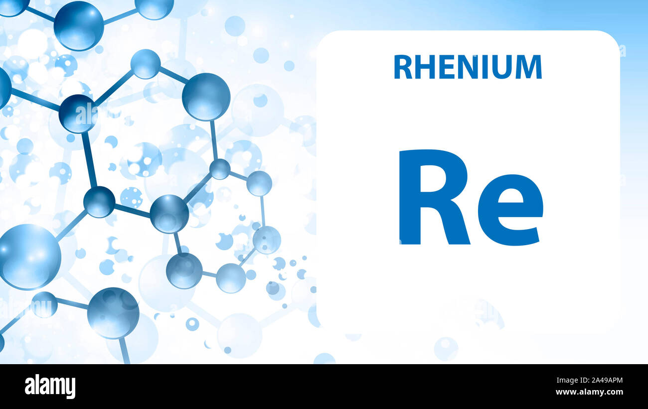 Renio elemento 75. Metalli alcalino terrosi. Elemento chimico di Mendeleev Tavola Periodica. Il renio in piazza cube concetto creativo. Prodotti chimici di laboratorio, Foto Stock
