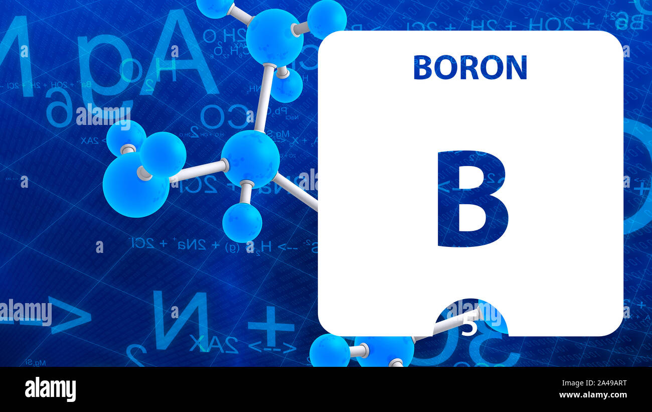 Il boro B, elemento chimico segno. 3D rendering isolati su sfondo bianco. Chimica boro 5 elemento per esperimenti scientifici in aula la scienza camp Foto Stock