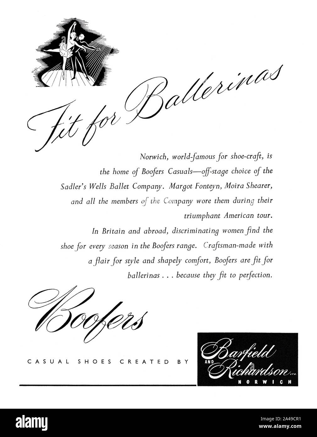 Annuncio per Boofers scarpe casual, 1951. L'annuncio indica che famose stelle del balletto del Sadlers Wells Ballet Company (compresi Margot Fonteyn e Moira Shearer) indossavano la insolitamente-denominato Boofers come loro fuori di scena scelta per comodità. Boofers furono realizzati da Barfield e Richardson di Norwich. Foto Stock