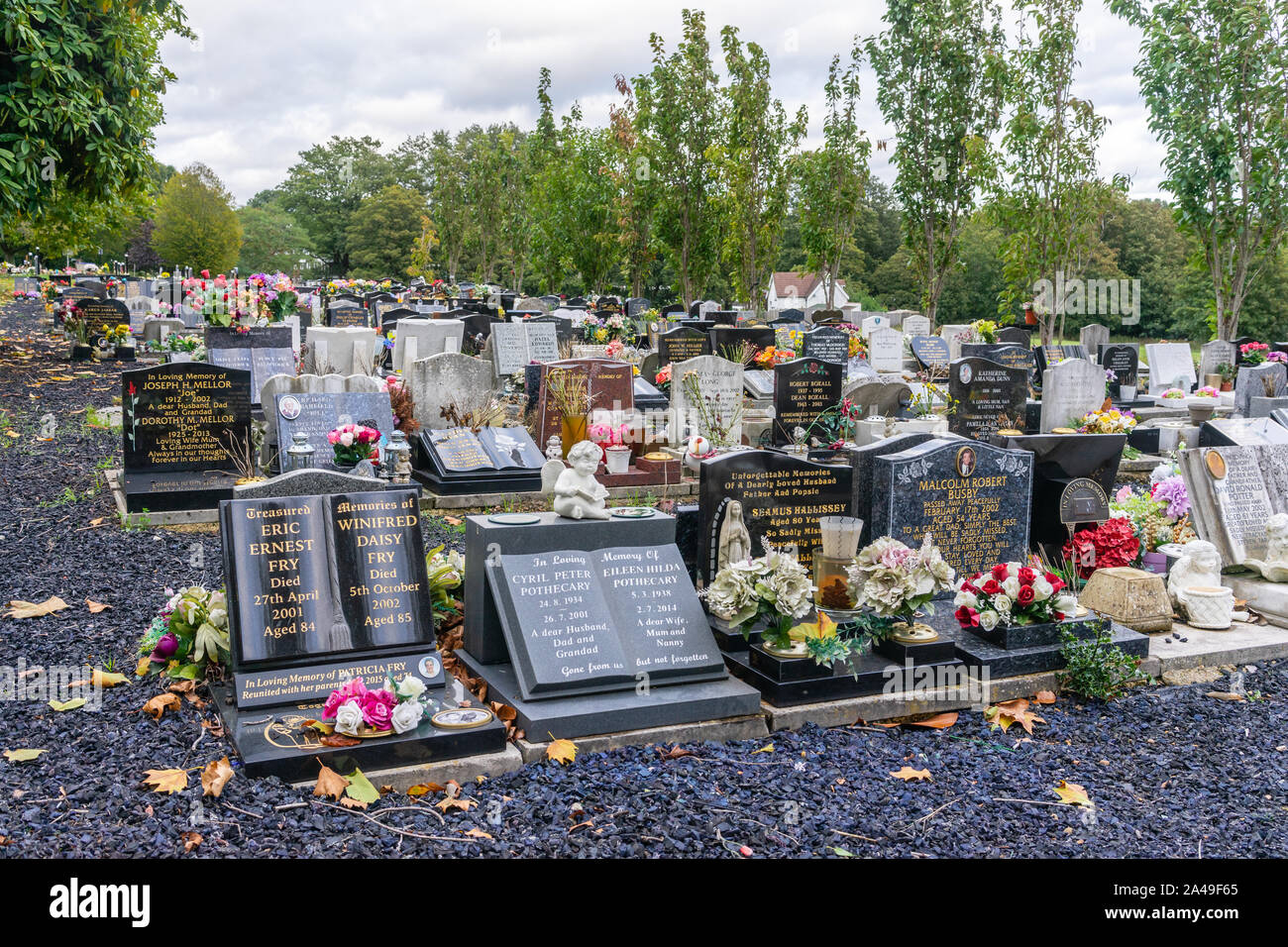 Righe di urn graves al cimitero Hollybrook in Southampton, England, Regno Unito Foto Stock