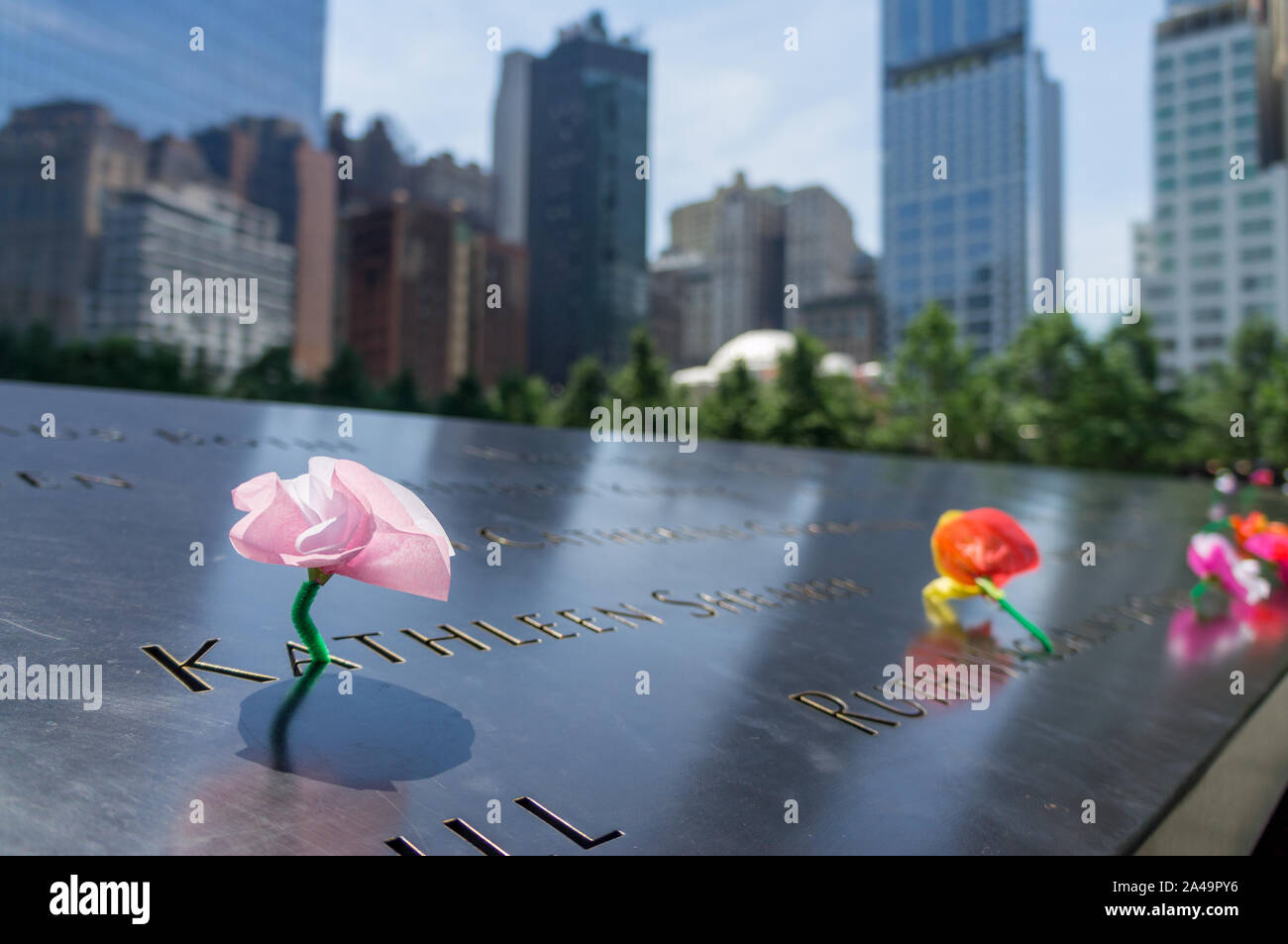 Rosa in nomi di 9/11 vittime a Grund Zero Foto Stock