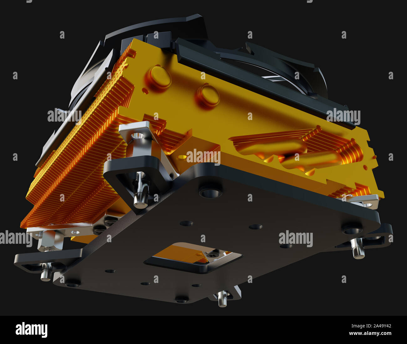 Dissipatore di calore per CPU con il rame con alette del dissipatore di calore e ventola. Il rendering 3d. Foto Stock