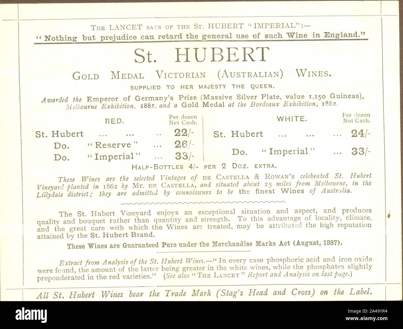 Lista dei vini per St Hubert de Castella & Rowan, St Hubert vigneto, nei pressi di Melbourne, Victoria 1882 Foto Stock
