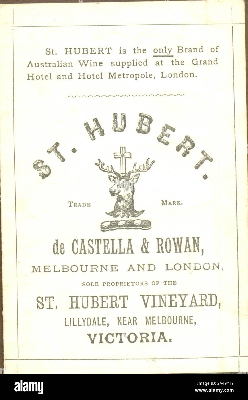 Lista dei vini per St Hubert de Castella & Rowan, St Hubert vigneto, nei pressi di Melbourne, Victoria 1882 Foto Stock