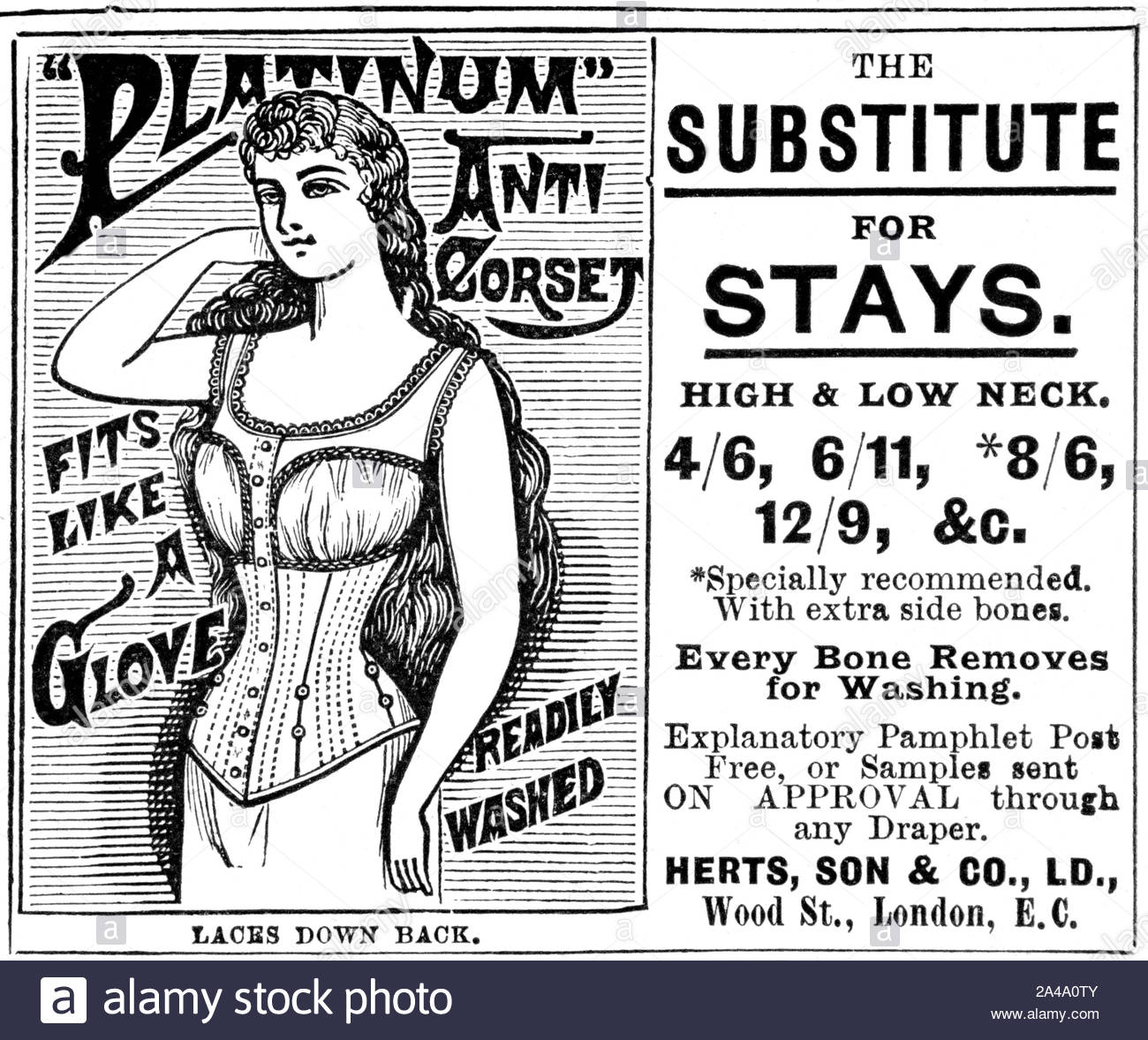 Era Vittoriana, Platino anti corsetto, pubblicità d'epoca dal 1895 Foto Stock
