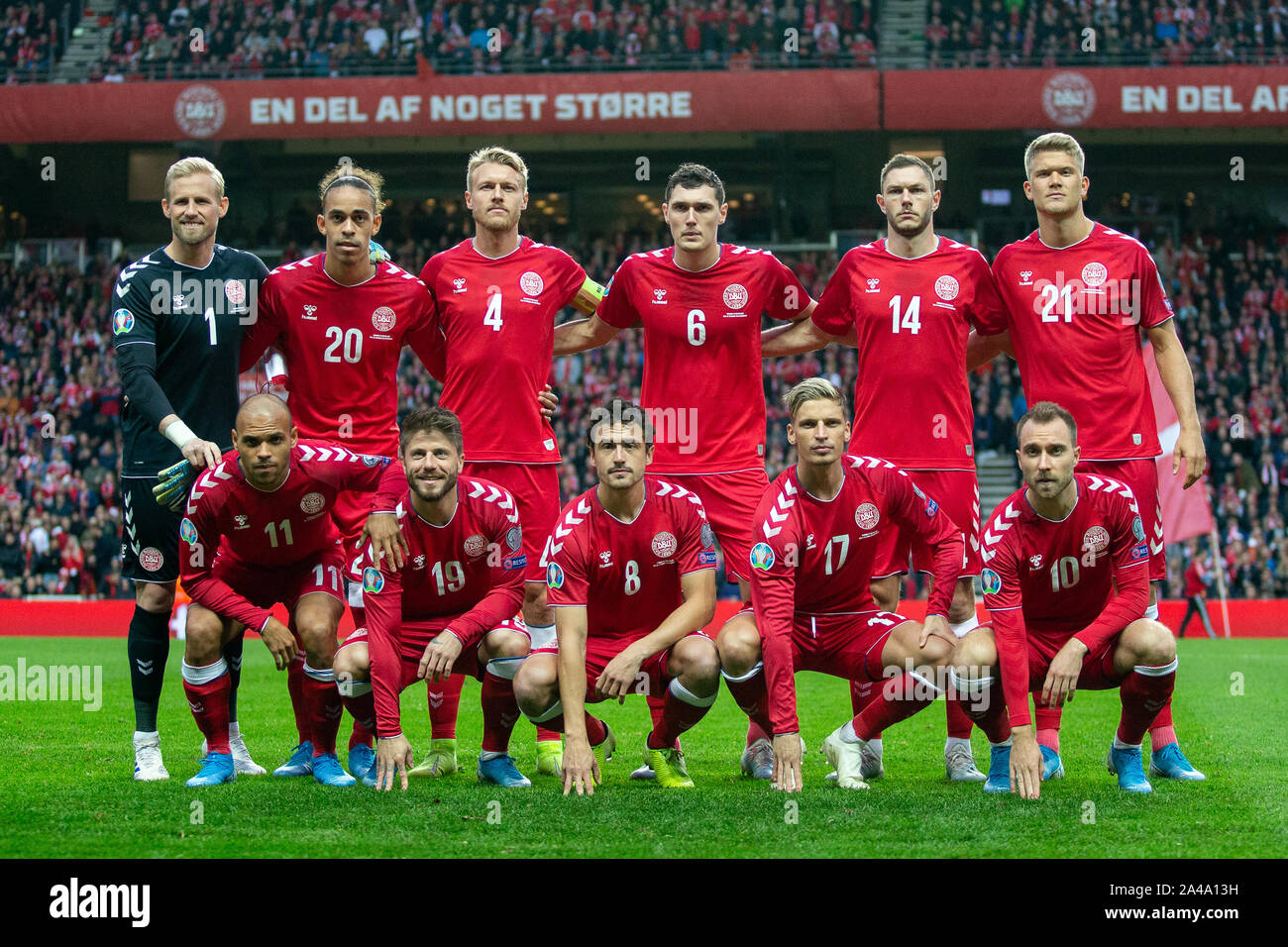 Copenhagen, Danimarca. Xii oct, 2019. Danimarca, Copenaghen. 12th, ottobre 2019. La line-up della Danimarca per l'EURO 2020 qualifier match tra la Danimarca e la Svizzera a Telia Parken di Copenaghen. (Photo credit: Gonzales foto/Alamy Live News Foto Stock