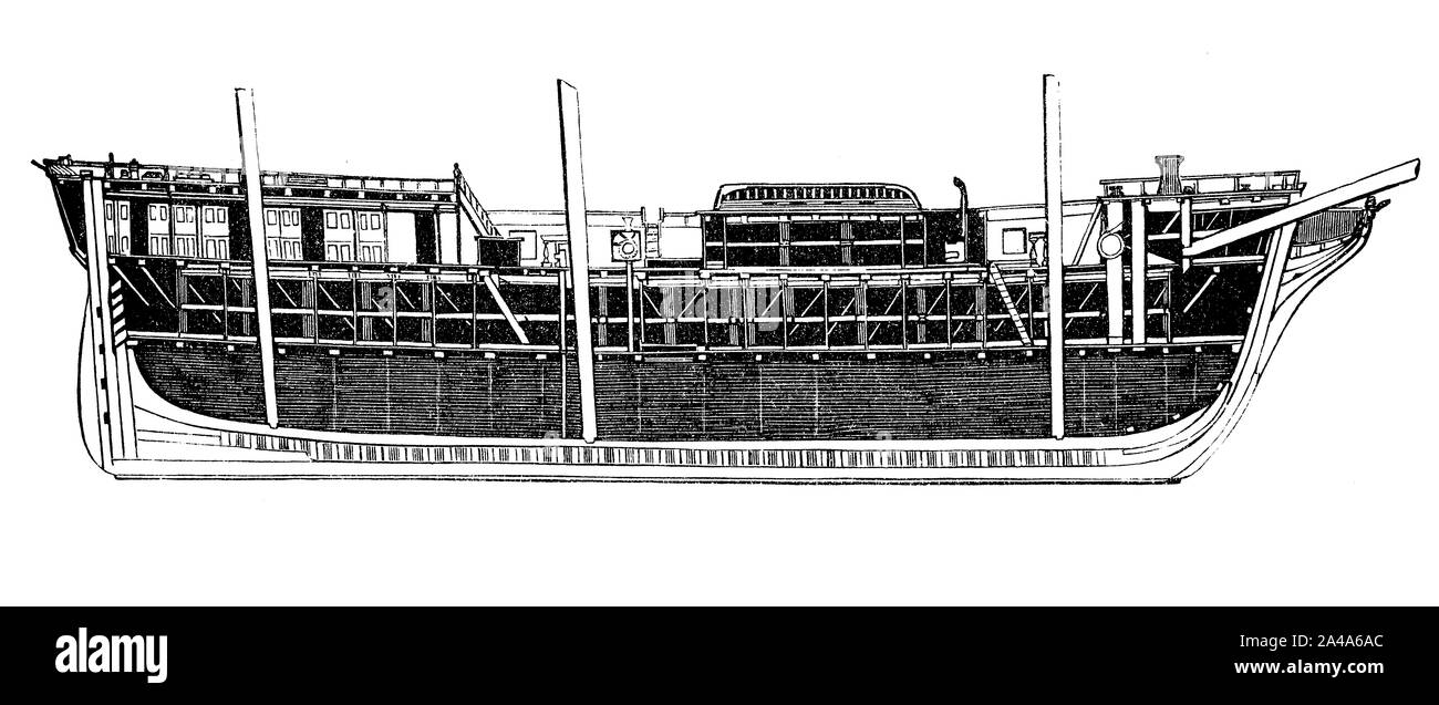 Architettura navale: sezione longitudinale del legno di un cargo, ingombranti nave cargo per il trasporto di merci e di materiale lungo gli oceani da un porto a un altro Foto Stock