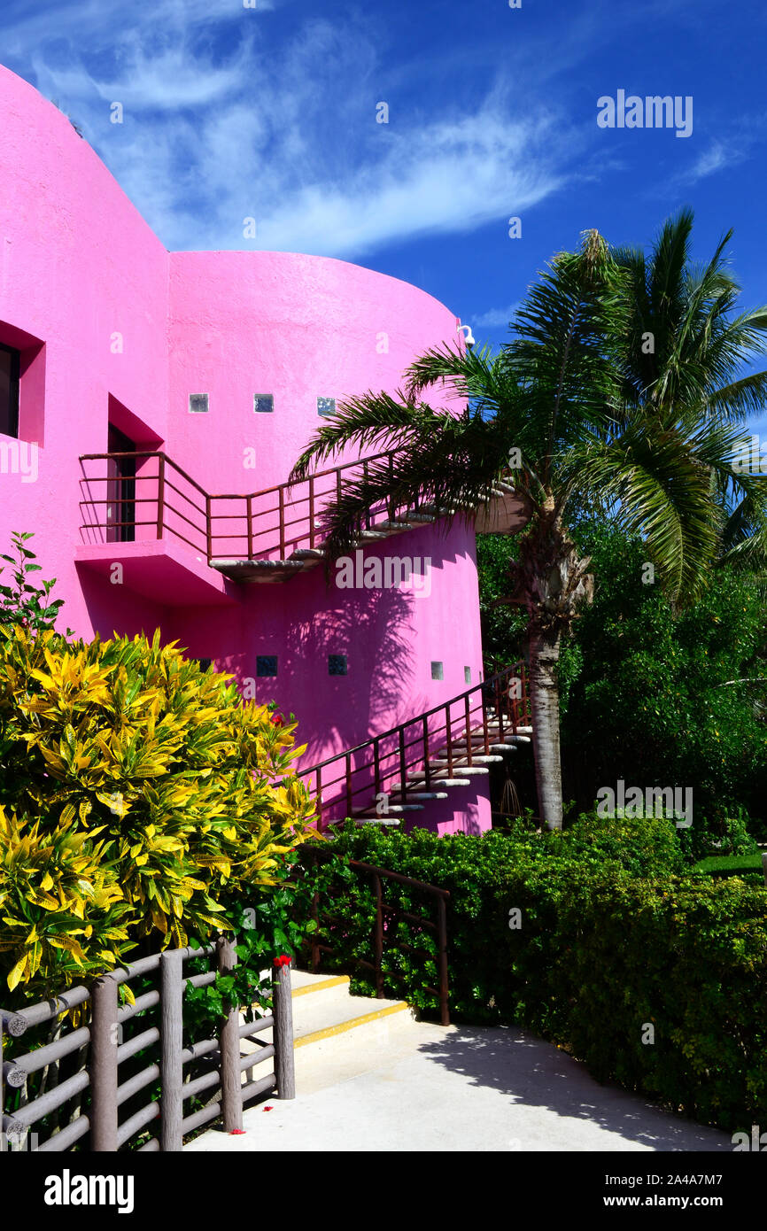 Edificio di colore luminoso tra il fogliame in Cozumel, Messico Foto Stock