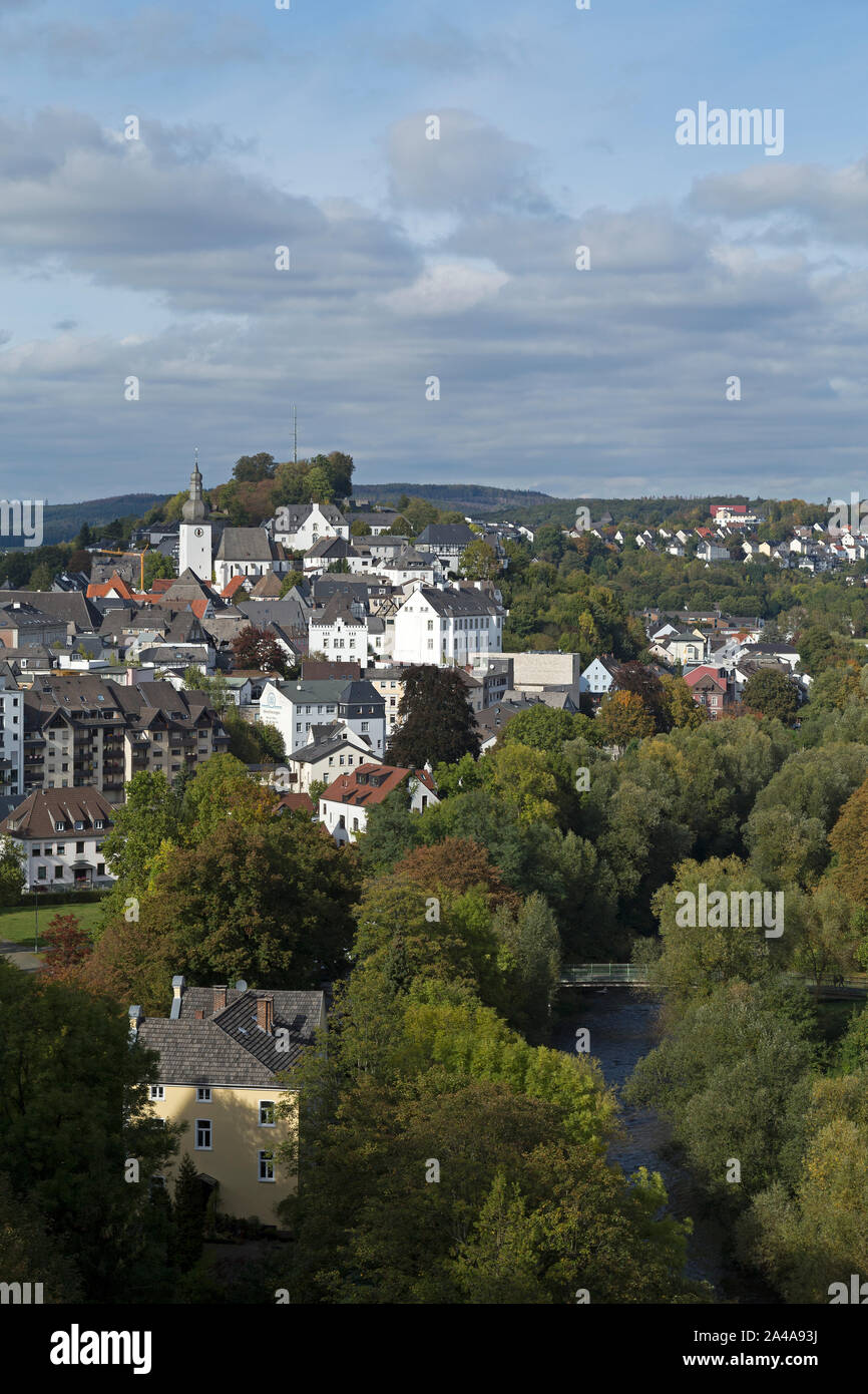 La collina del castello e il fiume Ruhr, Arnsberg, Sauerland, Renania settentrionale - Vestfalia, Germania Foto Stock