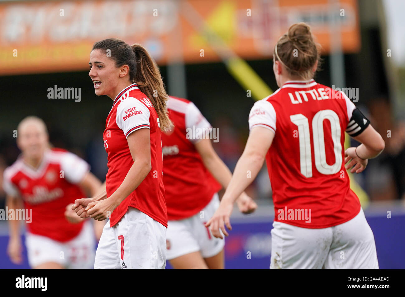 Londra, Regno Unito. Xiii oct, 2019. Danielle Van de Donk di arsenale di punteggio celebra il primo obiettivo del team durante la Barclay FA DONNA Super League tra donne di Chelsea e Arsenal donne a Kingsmeadow su ottobre 13, 2019 a Kingston Upon Thames, Inghilterra. Credito: SPP Sport Stampa foto. /Alamy Live News Foto Stock