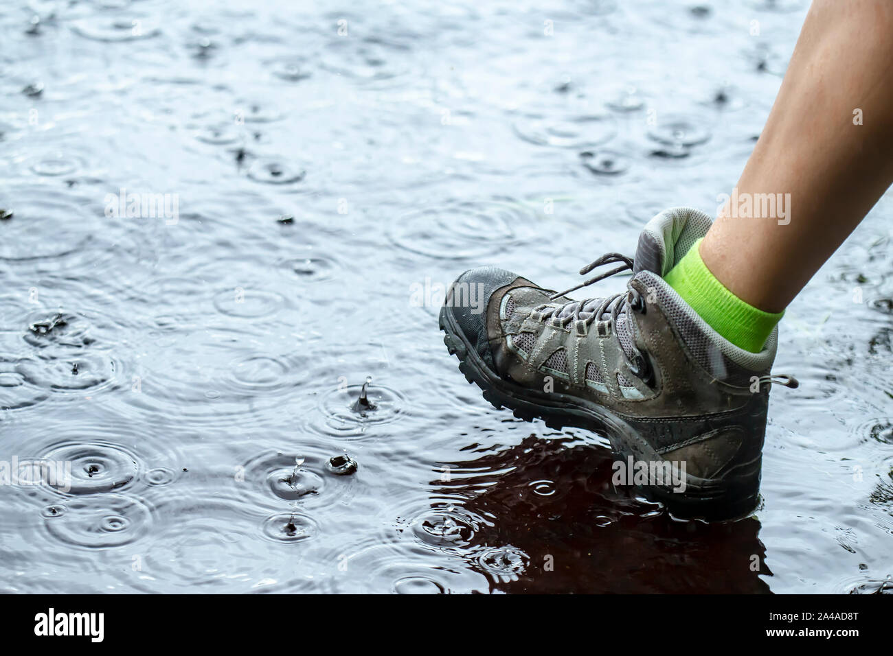 Donna in tourist impermeabile scarpe da trekking a piedi su acqua nelle  pozzanghere sotto la pioggia. Close-up Foto stock - Alamy