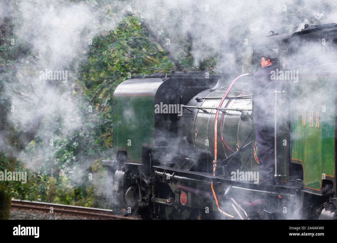 Ex South African ferrovie NGG16 Garratt classe in livrea verde operanti sul Ffestiniog e Welsh Highland railway, Galles del Nord, Regno Unito Foto Stock