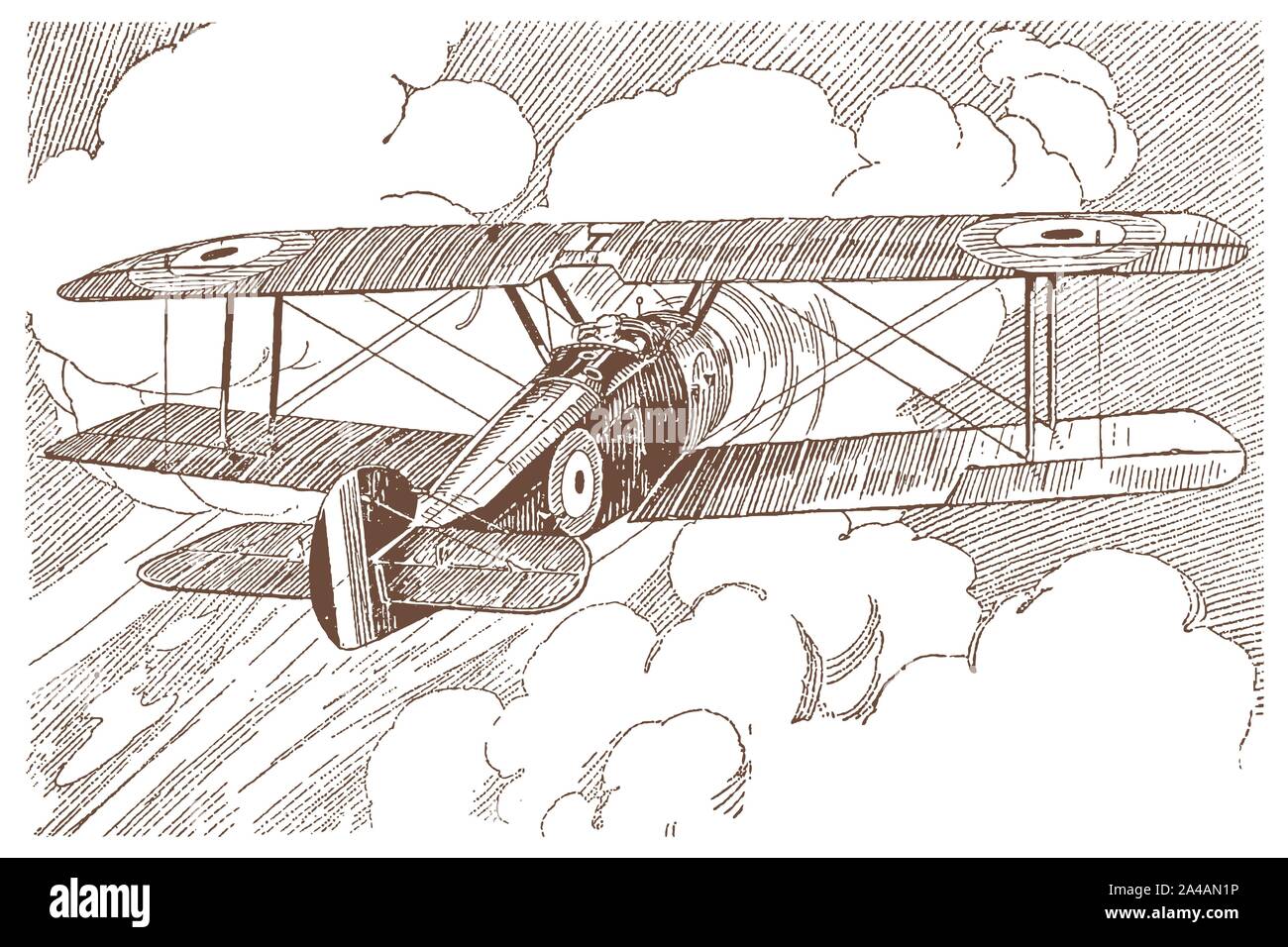 British storico mono-motore trattore una sede biplano nella vista posteriore, volare verso enormi cumuli di nuvole. Illustrazione dopo un inizio di litografia 20c Illustrazione Vettoriale