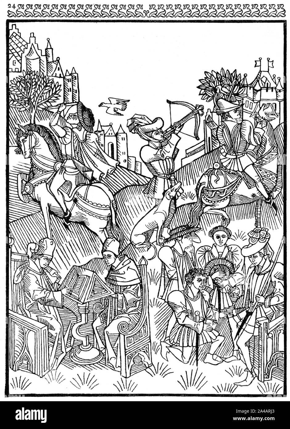 La vita medievale, Xilografia, influenza dei pianeti, sinistra due studiosi alla scrivania, destra cavallereschi, Einwirkung der Planeten, 1470 Foto Stock