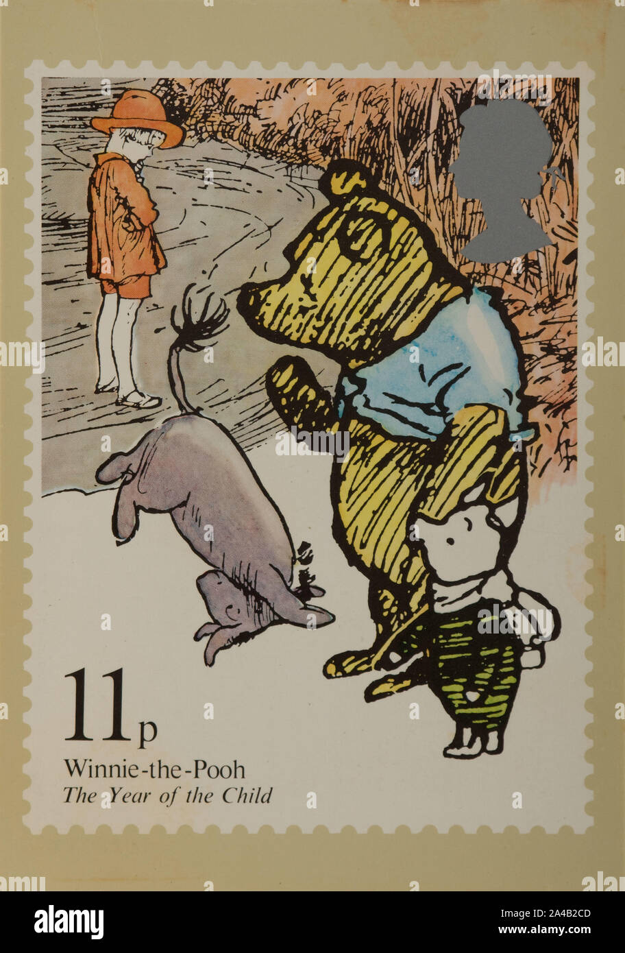 Francobollo di Winnie-the-Pooh. La regina Elisabetta 11. 1979 Anno internazionale per il bambino. Libro per bambini illustrazione. Gran Bretagna Foto Stock