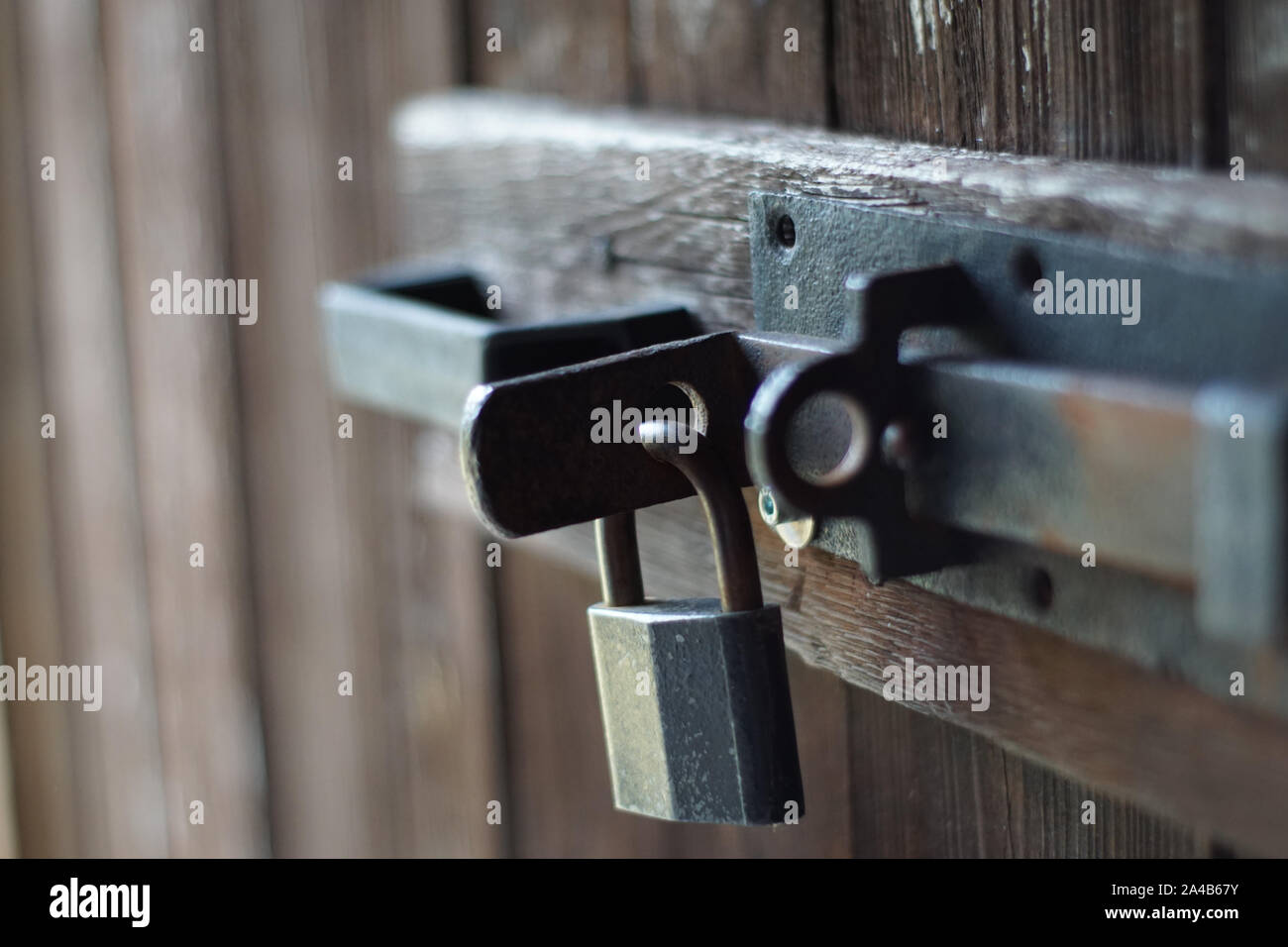 Il lucchetto chiuso sulla porta di legno Foto Stock