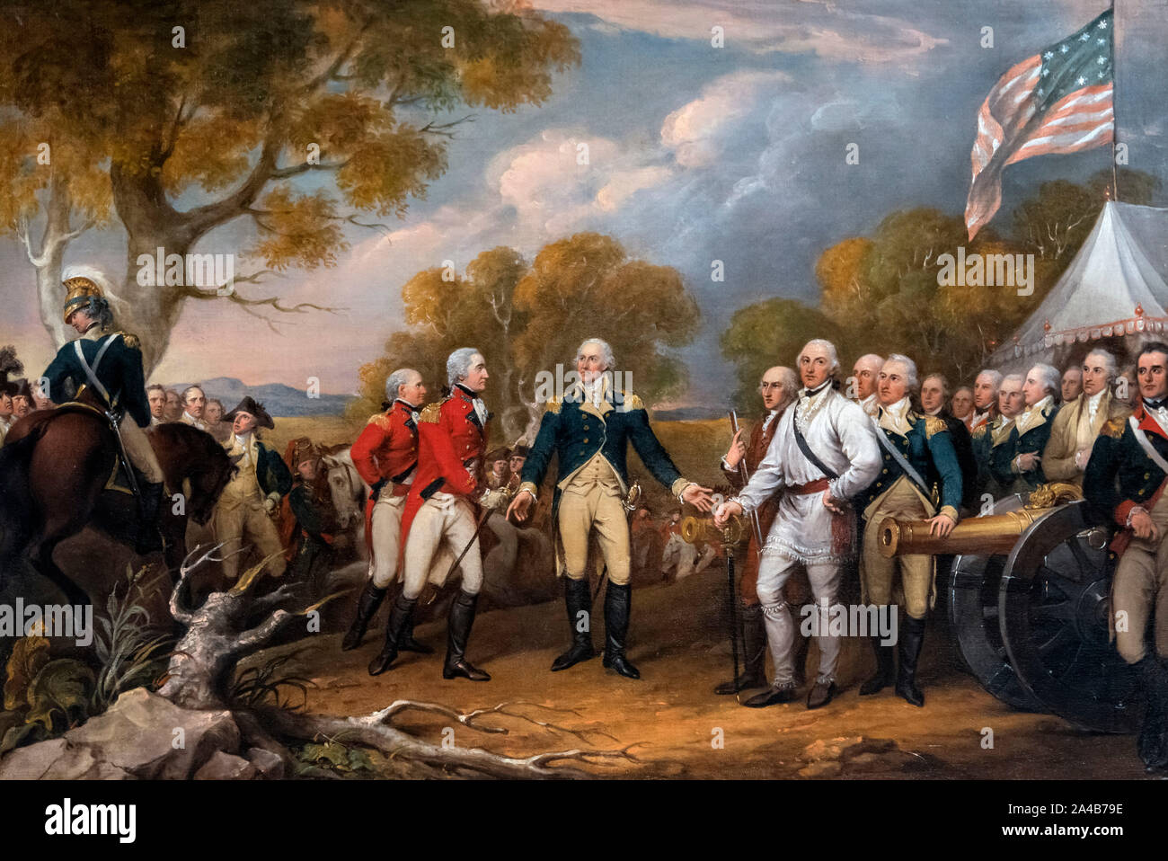La resa del Generale Burgoyne a Saratoga, Ottobre 16, 1777 da John Trumbull, olio su tela, c.1822-32. Il dipinto rappresenta la rinuncia di British Lt il generale John Burgoyne al Generale americano Horation Gates dopo le battaglie di Saratoga nel 1777. Foto Stock