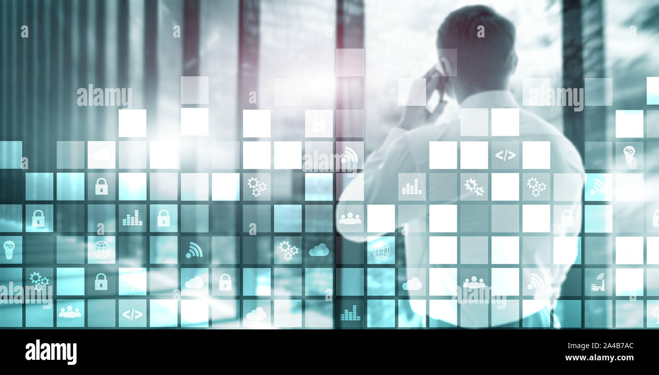 Abstract digitali pixel di sfondo icone sfocate moderna sala server. La tecnologia di telecomunicazione internet Iot di cosa concetto. Foto Stock