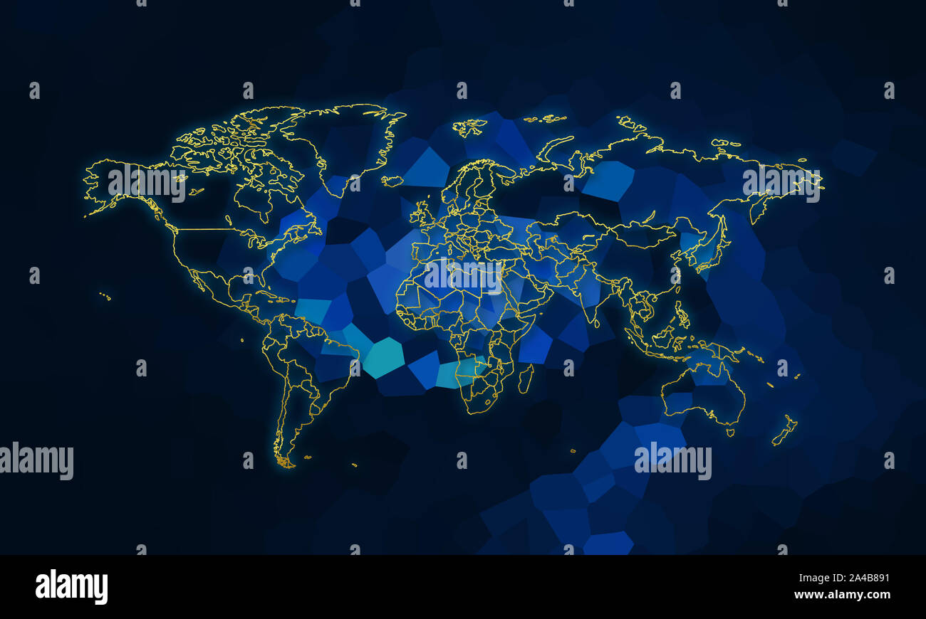 Mappa del mondo in oro wrap.mondo in oro. Mappa mondo blu su sfondo astratto Foto Stock