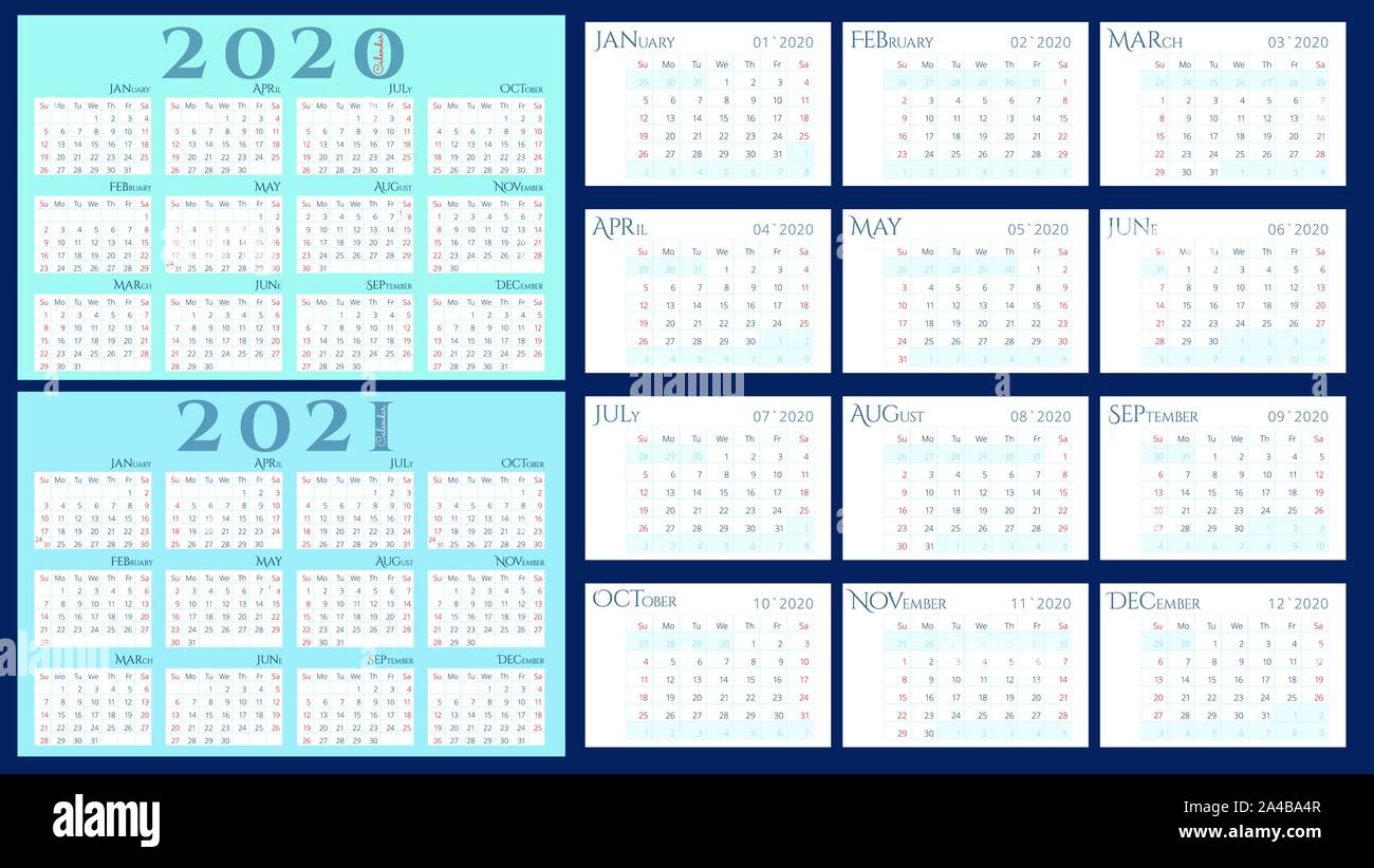 Parete calendario mensile per il modello 2020 anno in stile minimal. Settimana comincia la domenica. La lingua inglese. Orientamento orizzontale. 10 vettoriale EPS Illustrazione Vettoriale
