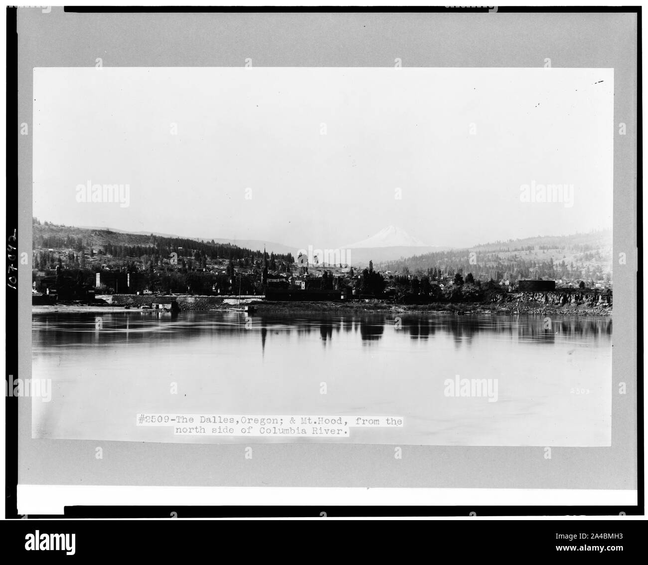Il Dalles e Mt. Il cofano dal lato nord del fiume Columbia Foto Stock
