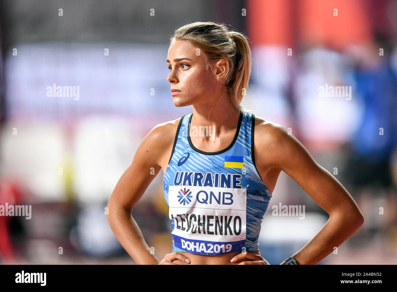 Yuliya Levchenko (Ucraina). High Jump Women finali. IAAF World Athletics Championships, Doha 2019 Foto Stock