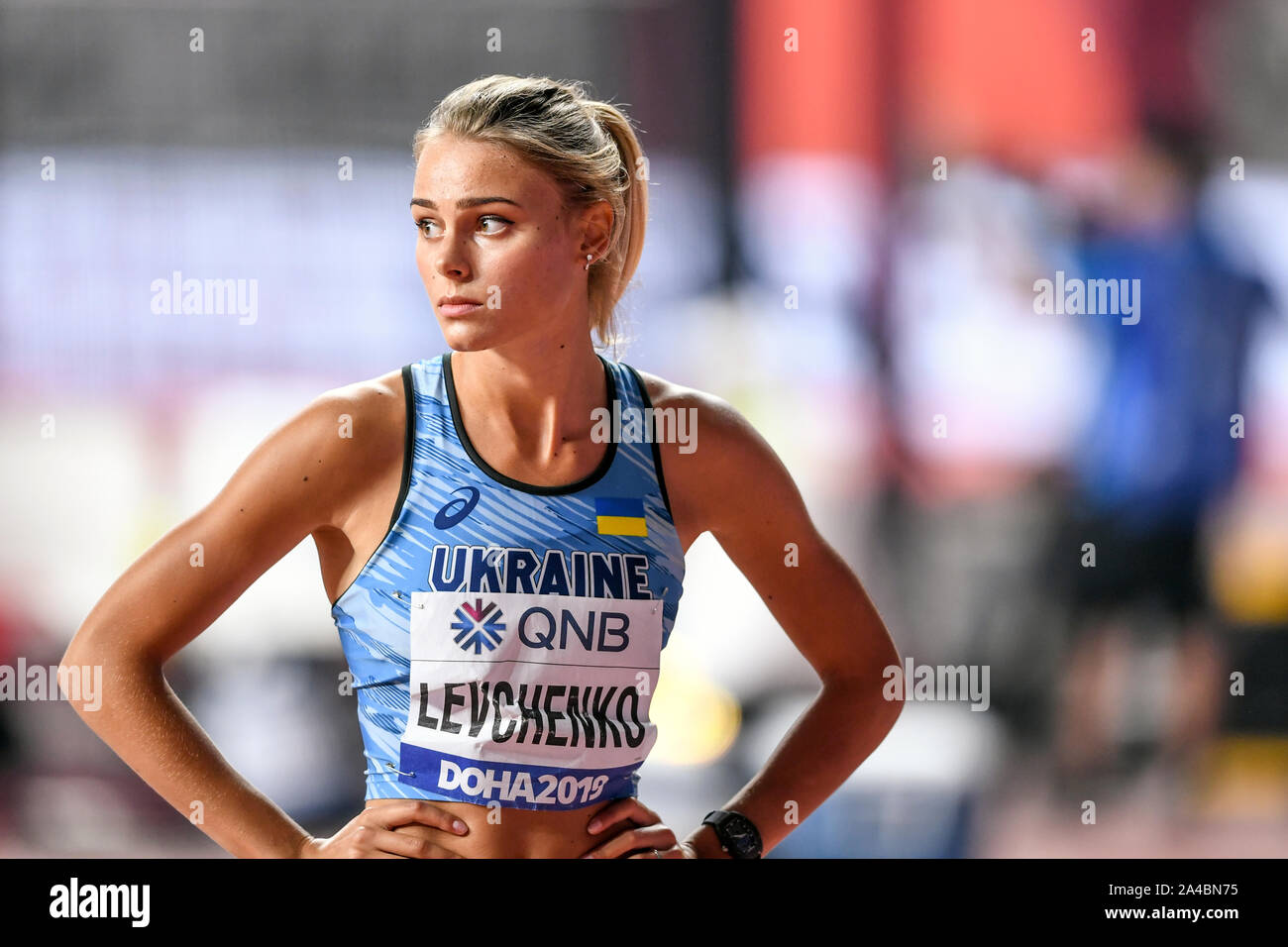 Yuliya Levchenko (Ucraina). High Jump Women finali. IAAF World Athletics Championships, Doha 2019 Foto Stock