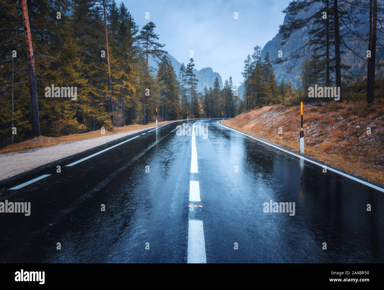 Perfetta strada di montagna asfaltata in una giornata di pioggia in Dolomiti Foto Stock