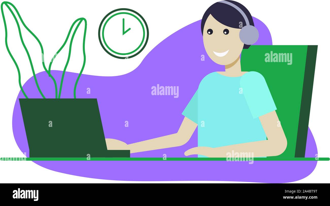 Il servizio clienti, l'uomo con le cuffie e il microfono con il computer. Concetto illustrazione per supporto, assistenza, call center. Illustrazione Vettoriale