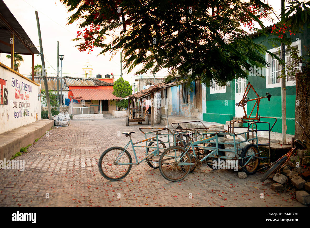 Scena di strada con le biciclette. Le biciclette sono gli unici mezzi di trasporto all'interno della piccola e tranquilla isola di Mexcaltitán, Nayarit, Messico, Lug 2019 Foto Stock