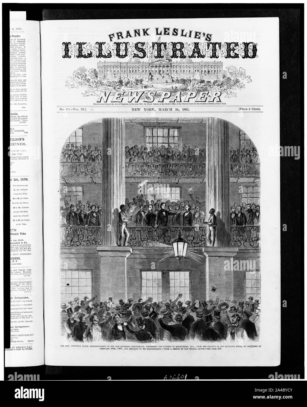 L'on. Jefferson Davis, presidente-eletto della nuova confederazione meridionale, rivolgendosi ai cittadini di Montgomery, Ala, dal balcone dell'Exchange Hotel, nella notte di febbraio 16th, 1861 e precedente per la sua inaugurazione / da uno schizzo del nostro artista in particolare. Foto Stock