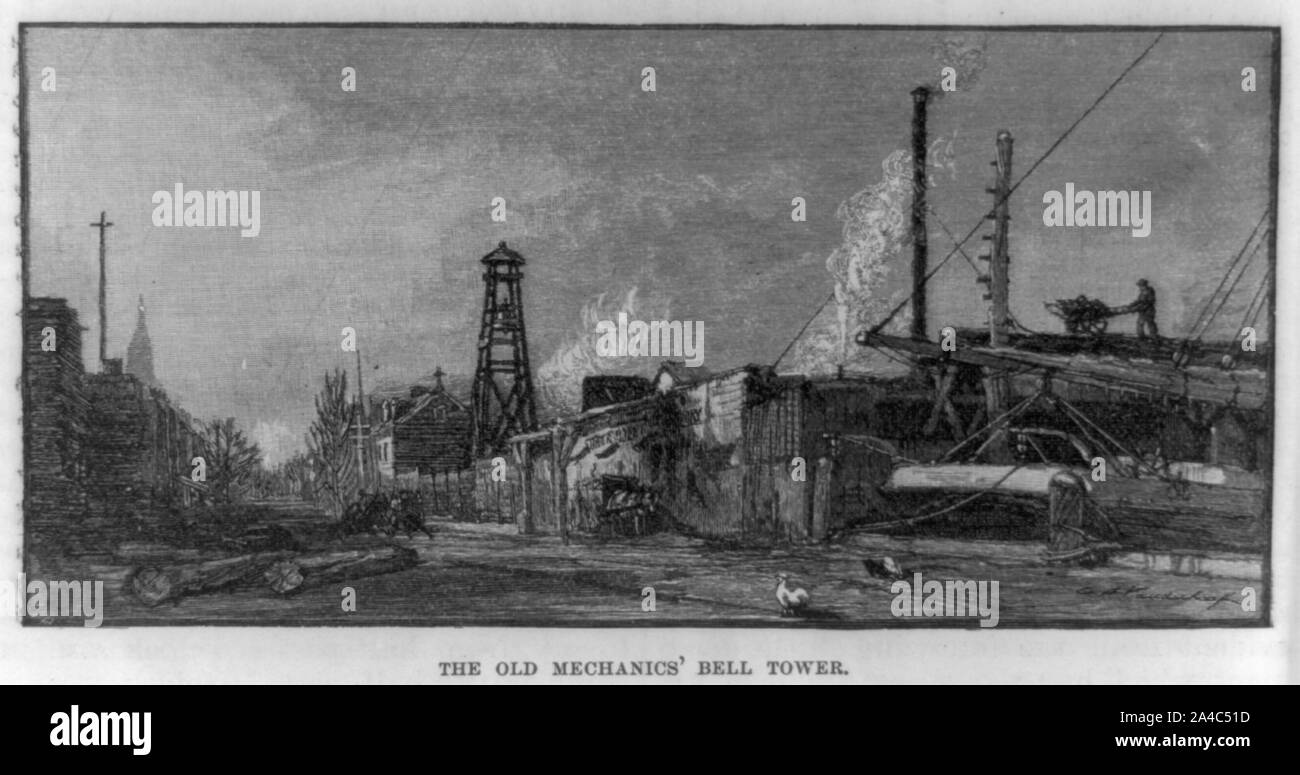 Il vecchio del meccanico torre campanaria [eretto da maestri d'ascia di circa 1800 a Goerck e Stanton strade vicino all'East River, N.Y.C. Il pedaggio della campana ha segnato la fine di un dieci ore al giorno, un atto di protesta contro i datori di lavoro pratica di validi artigiani al lavoro da scuro a scuro] Foto Stock
