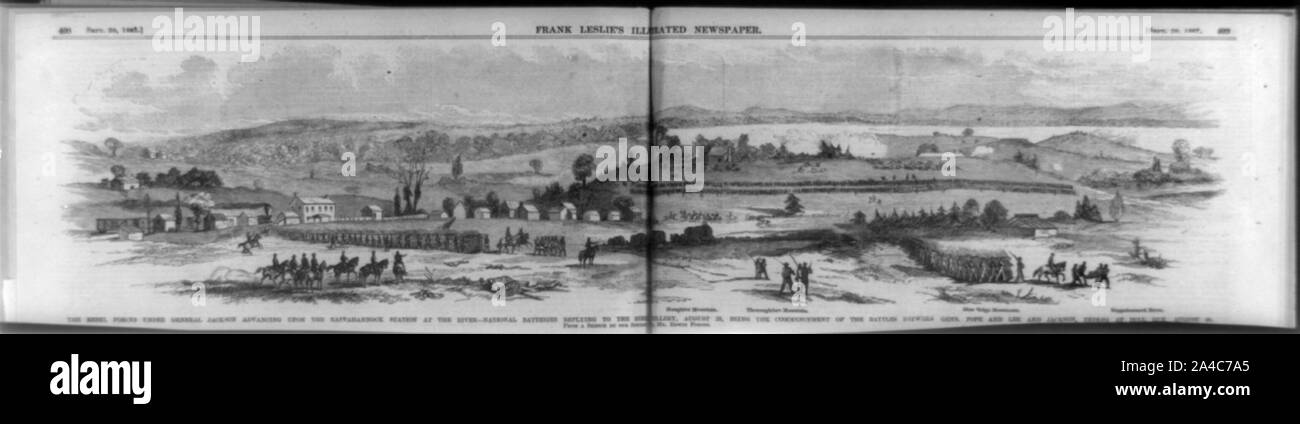 Le forze ribelli sotto General Jackson avanzare alla stazione Rappahannock presso il fiume - batterie nazionale rispondendo ai ribelli di artiglieria, Agosto 23, essendo l'inizio delle battaglie tra gens. Il papa e Lee e Jackson, terminando a Bull Run, 30 agosto / schizzi da -- Edwin Forbes. Foto Stock