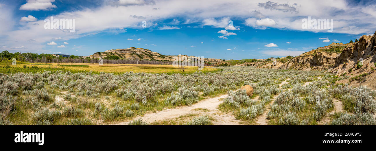 Una vista panoramica dalla scenic drive presso l unità del Nord del Parco nazionale Theodore Roosevelt in western North Dakota. Foto Stock