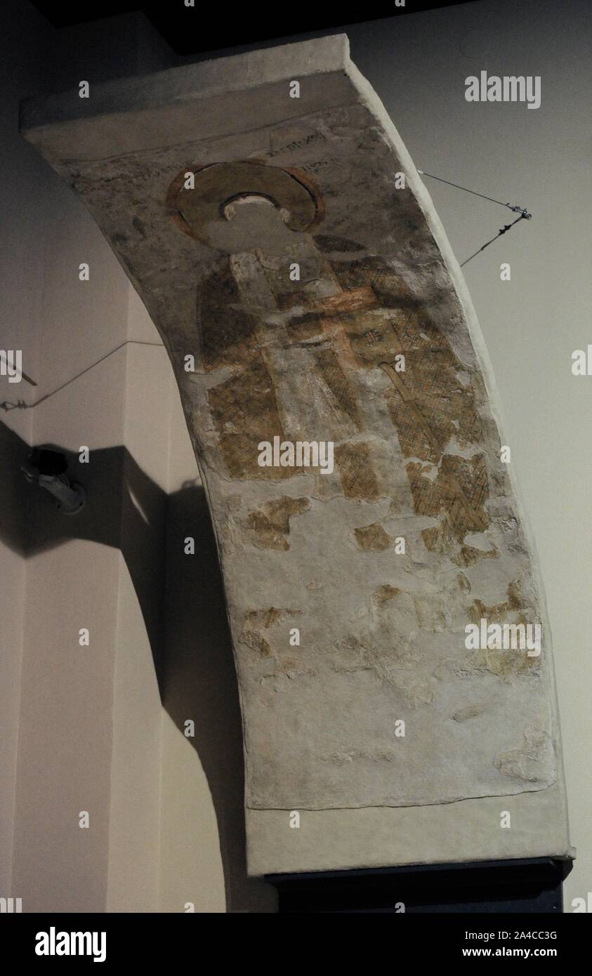 Affresco con la rappresentazione de San Juan Crisóstomo. Arco sobre la entrada a la capilla sur. Catedral de Faras. Tercer cuarto del siglo X. Galería Faras. Museo Nacional. Varsovia. Polonia. Foto Stock