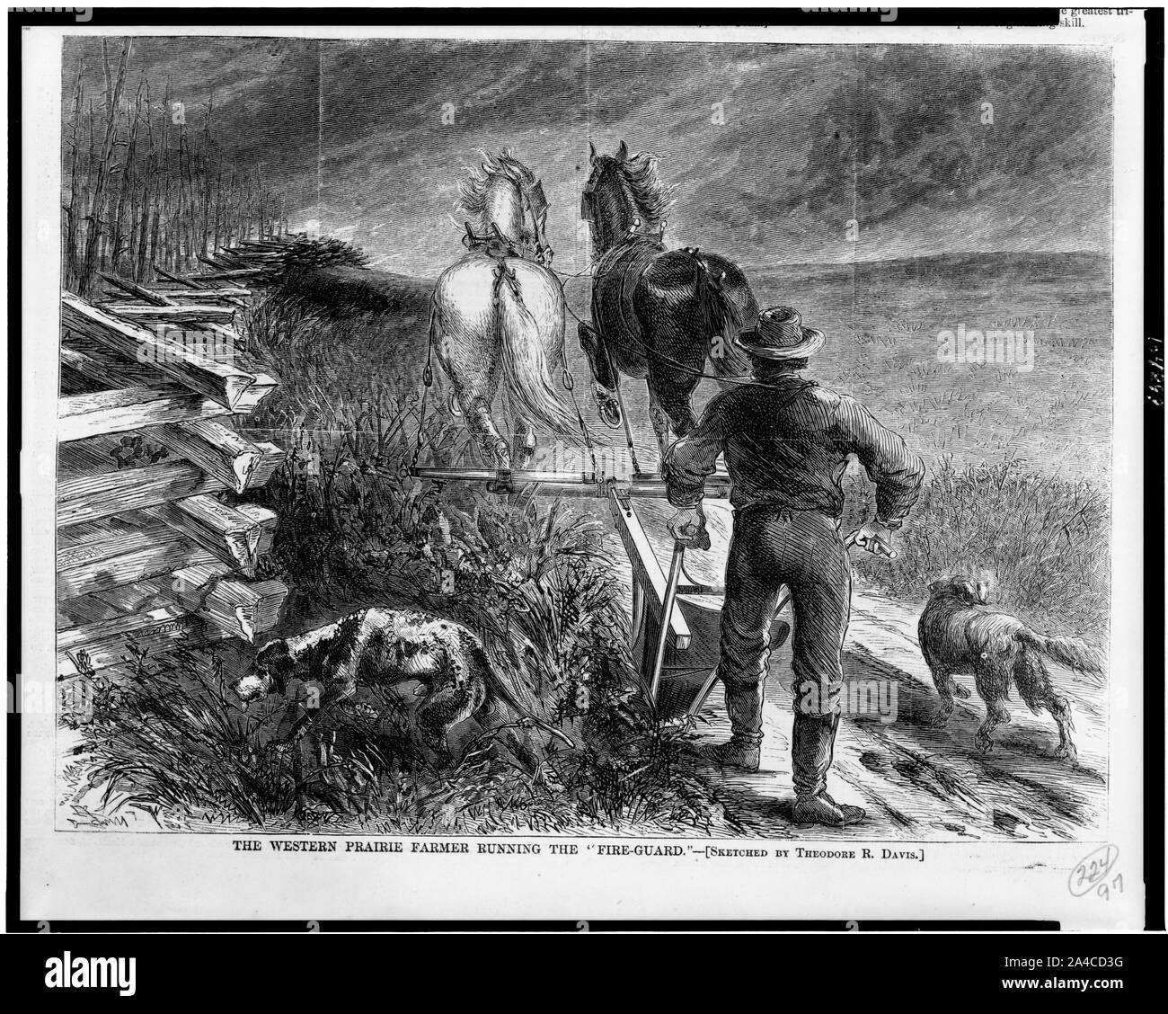 La Western prairie farmer acceso il fuoco-guard / disegnata da Theodore R. Davis. Foto Stock