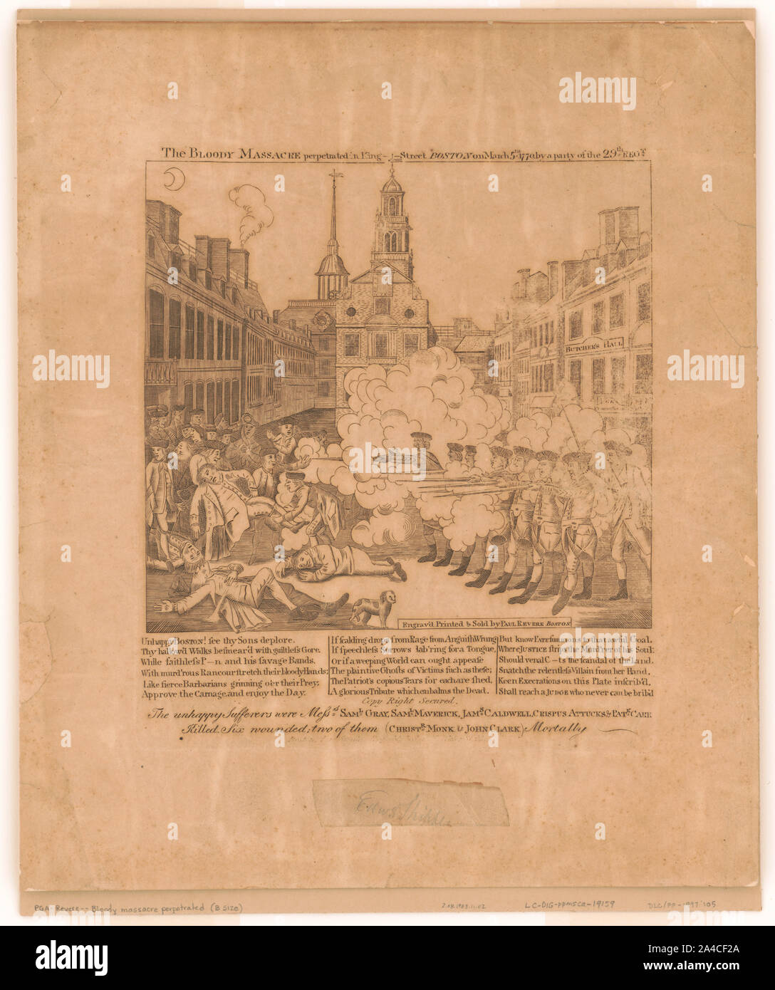 Il sanguinoso massacro perpetrato in King Street Boston il 5 marzo 1770 da parte di una delle parti della ventinovesima regt. / Engrav'd, stampato e venduto da Paul Revere, Boston. Foto Stock