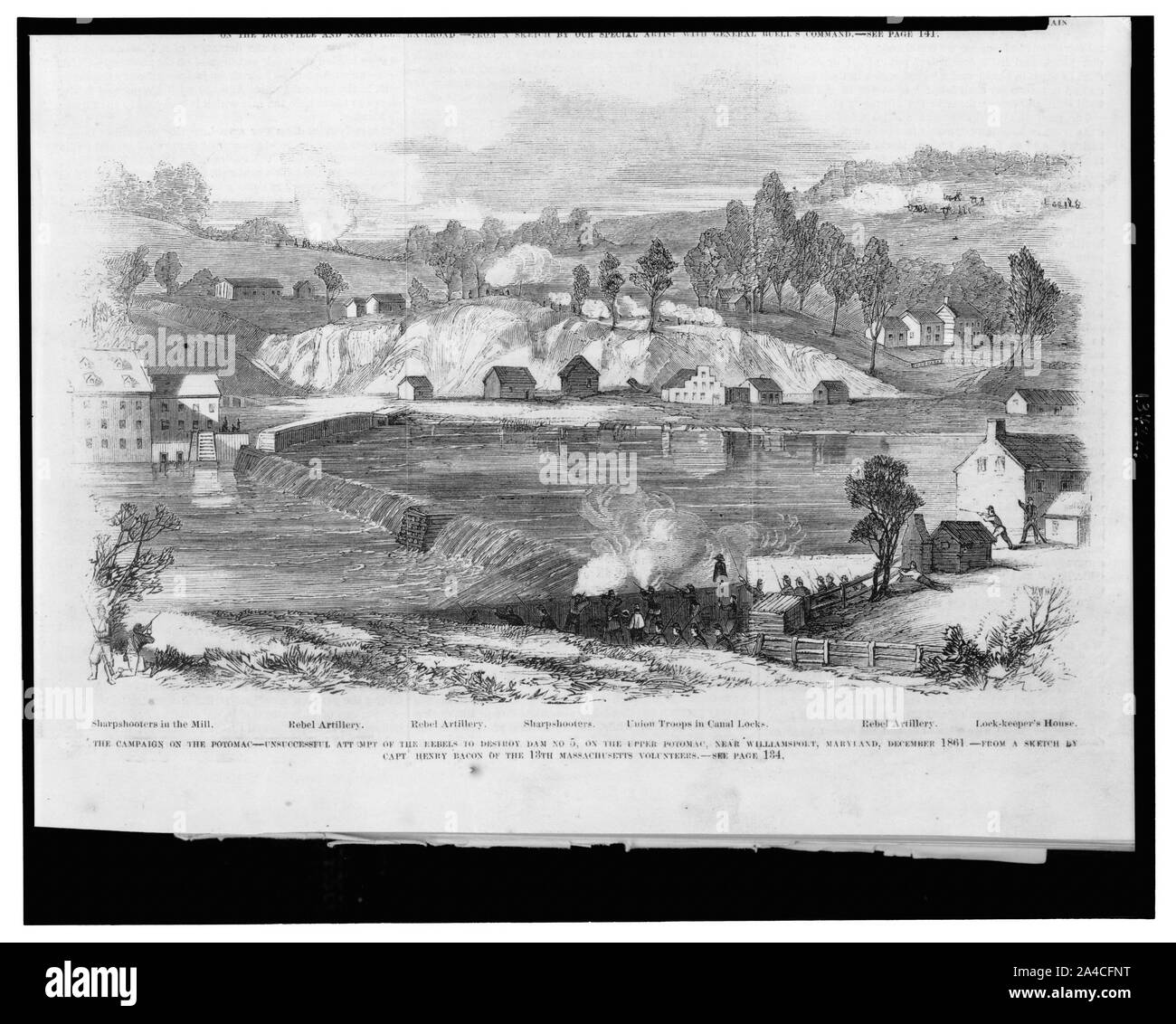 La campagna sul Potomac - fallito tentativo dei ribelli di distruggere la diga n. 5, sulla parte superiore Potomac, vicino a Williamsport, Maryland, Dicembre 1861 / da uno schizzo di Capt. Henry Bacon per il XIII Massachusetts volontari. Foto Stock
